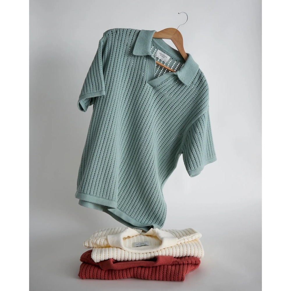 American Eagle Men's XL Sage Green Open Knit Polo Crochet Preppy Resort Beach
